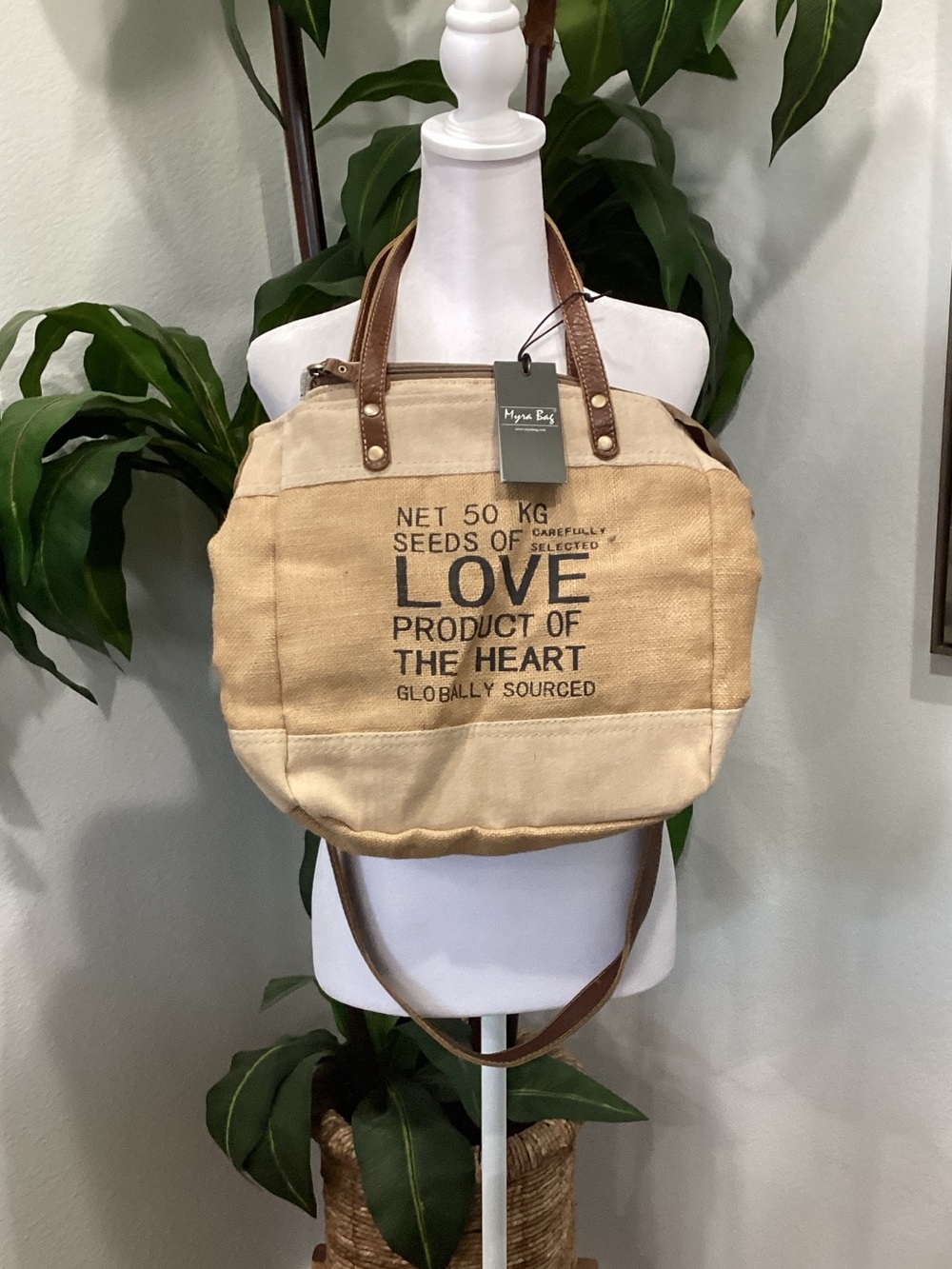 Myra Canvas 'Seeds of Love' Tote Bag with Leather Straps